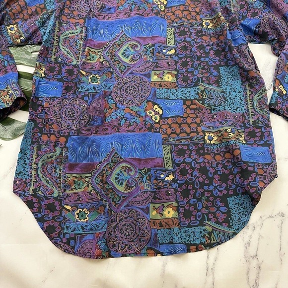 Punch Womens Vintage 90s Silk Oversize Shirt Size M Purple Blue Abstract Floral - Picture 11 of 11